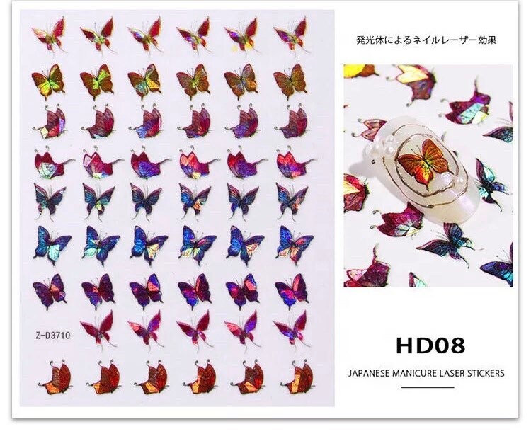 Butterflies holographic colors sheet of decals self adhesive stickers for trending nail art supplies