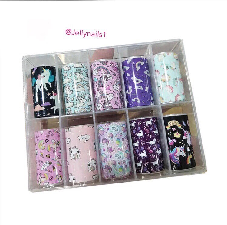 Unicorn, rainbows and ice cream Designs patterns nail transfer foils decals In a box for trending nail art supplies
