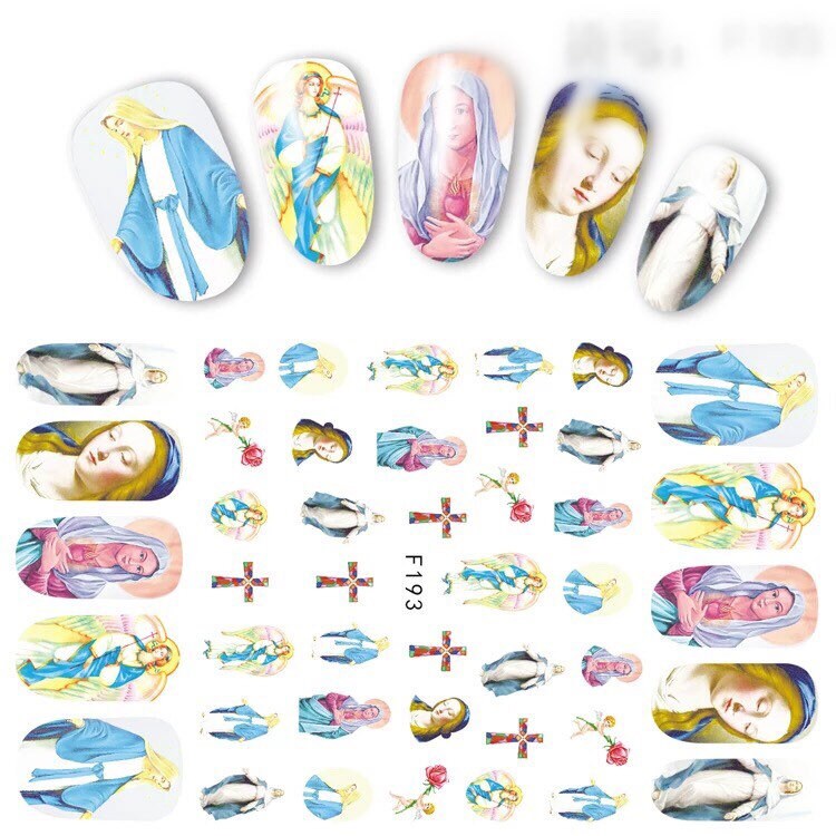 Mother Mary, virgin, Madonna , cross nail decals self adhesive 1 sheet of stickers for trending nail art supplies