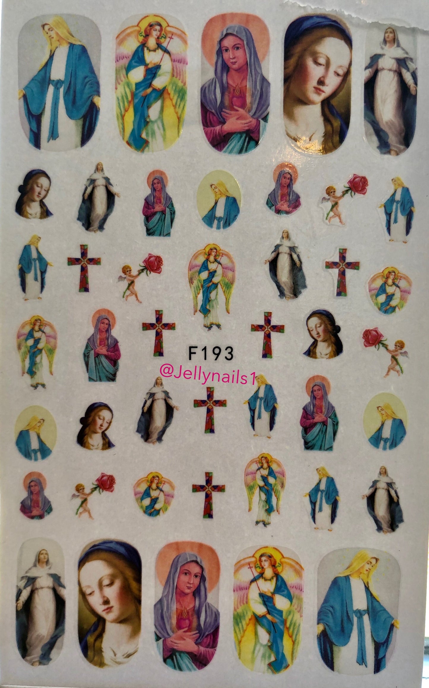 Mother Mary, virgin, Madonna , cross nail decals self adhesive 1 sheet of stickers for trending nail art supplies