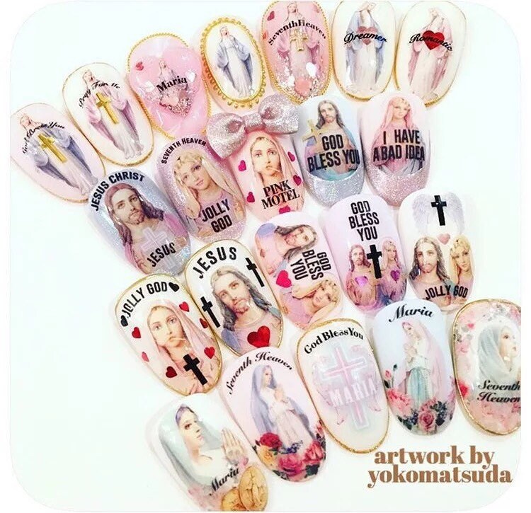 Jesus, Mary & cats nail decals self adhesive 1 sheet of stickers for trending nail art supplies