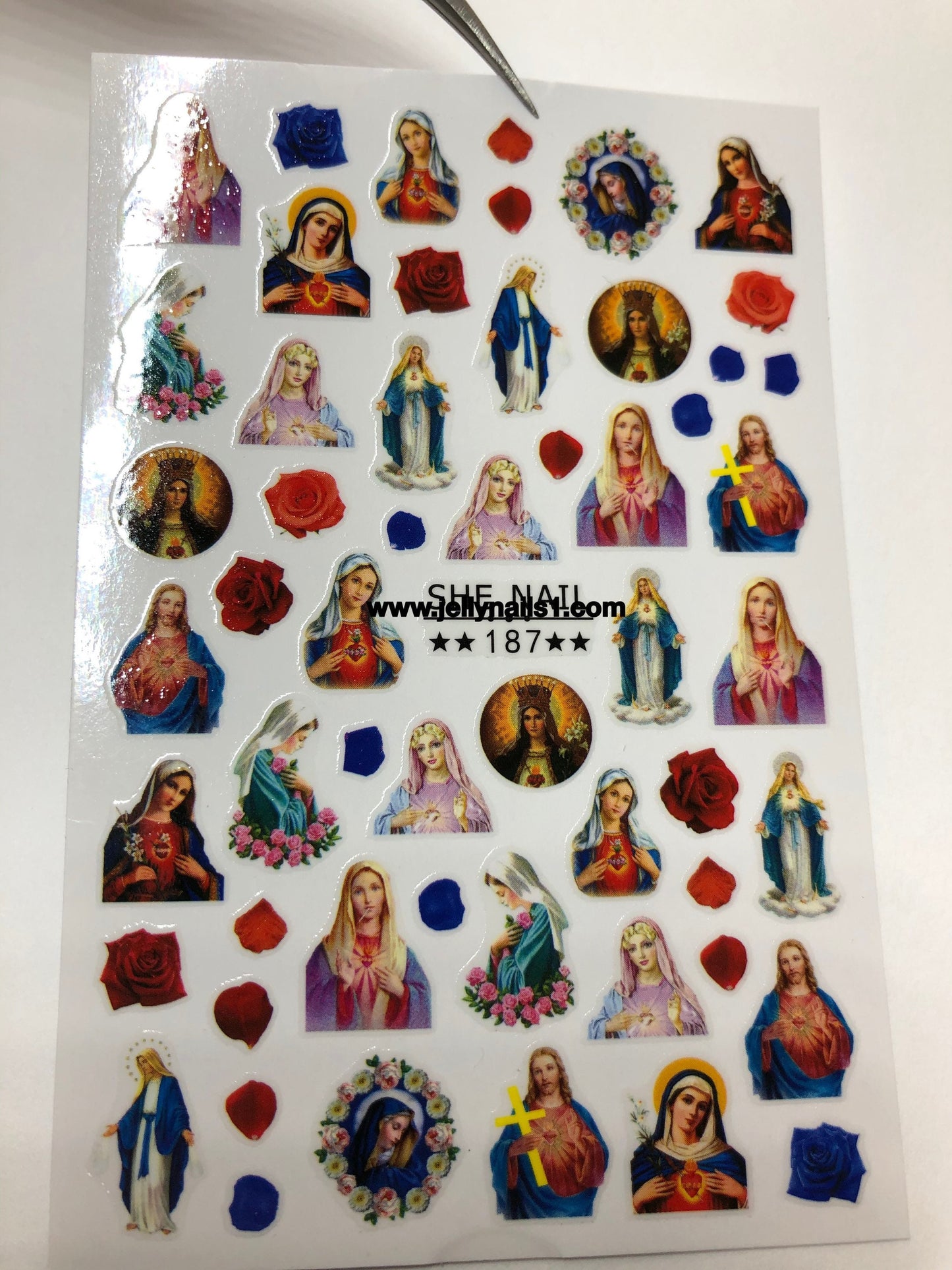 Mother Mary & roses nail decals self adhesive 1 sheet of stickers for trending nail art supplies