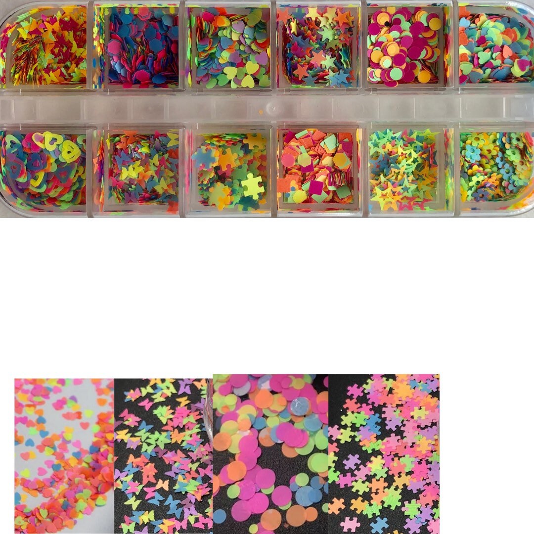 Neon colors mix glitter shapes nail sequins laser cut flakes nail 3D art.