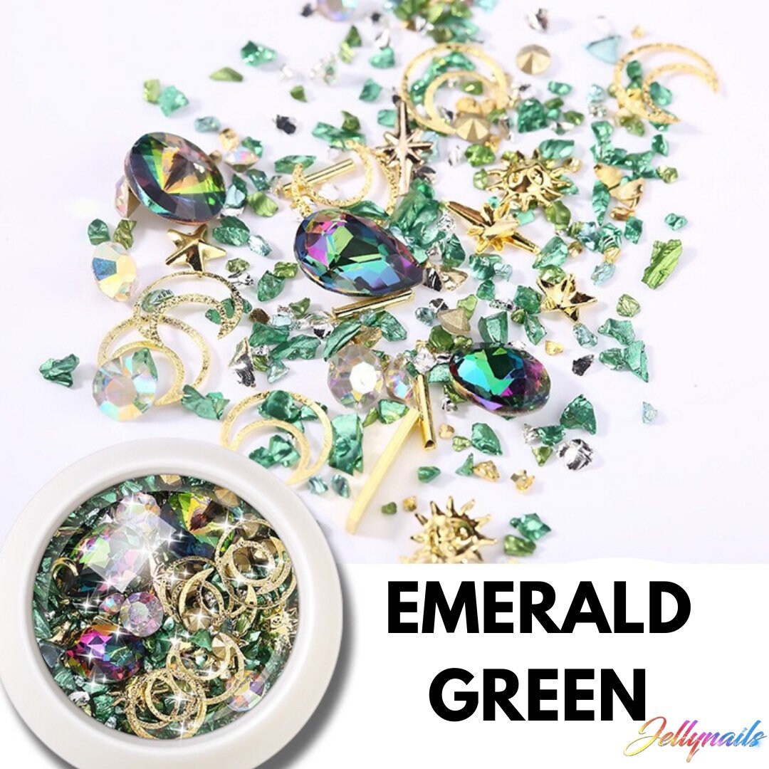 Emerald green bling box crystals & moon, stars suns alloy shapes 3D nail art