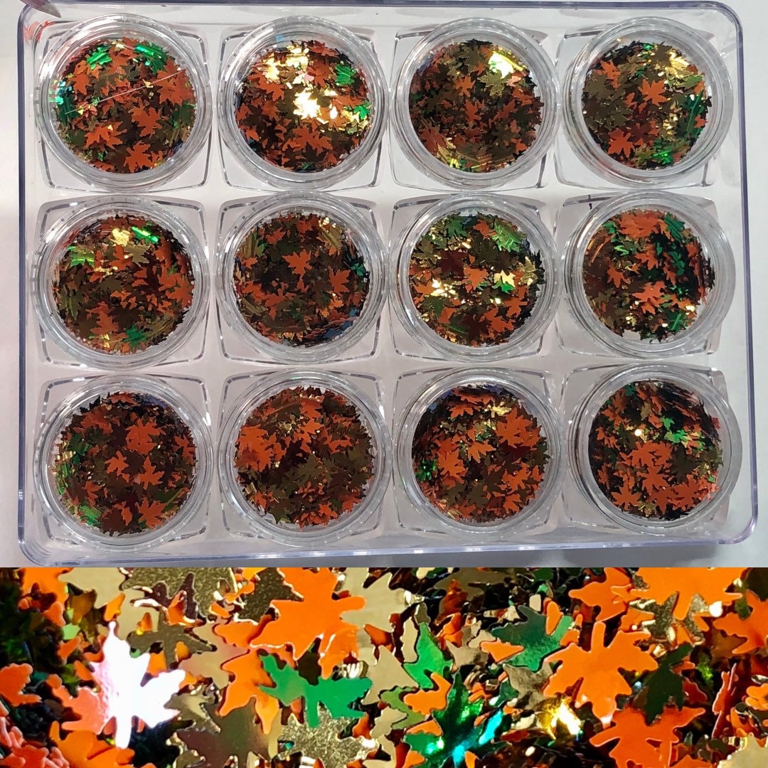 Fall maple leaves flakes glitter sequins cut flakes Orange nail 3D art