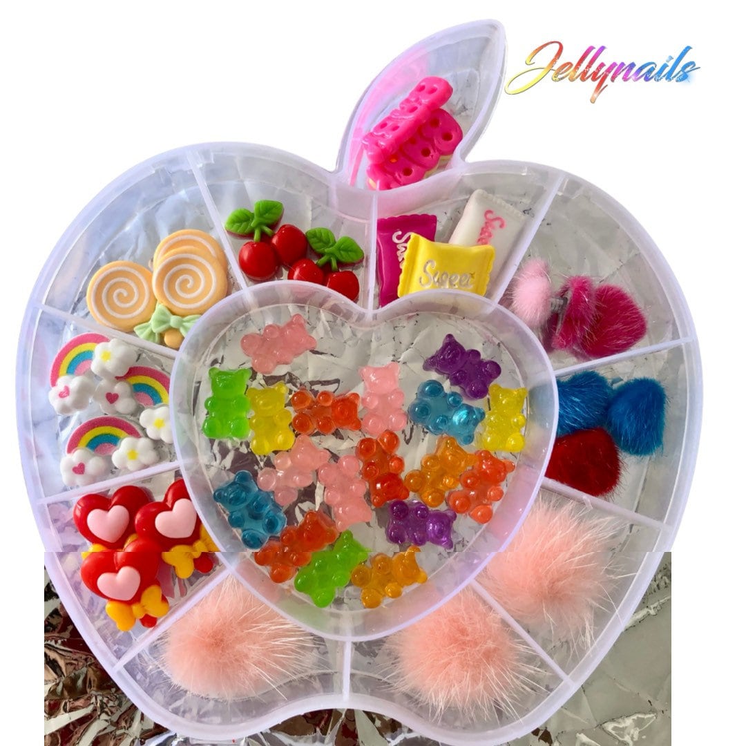 Kawaii Mix sample box assortment charms 3D nail art Candy, Bear,pom pom balls, hearts magnetic