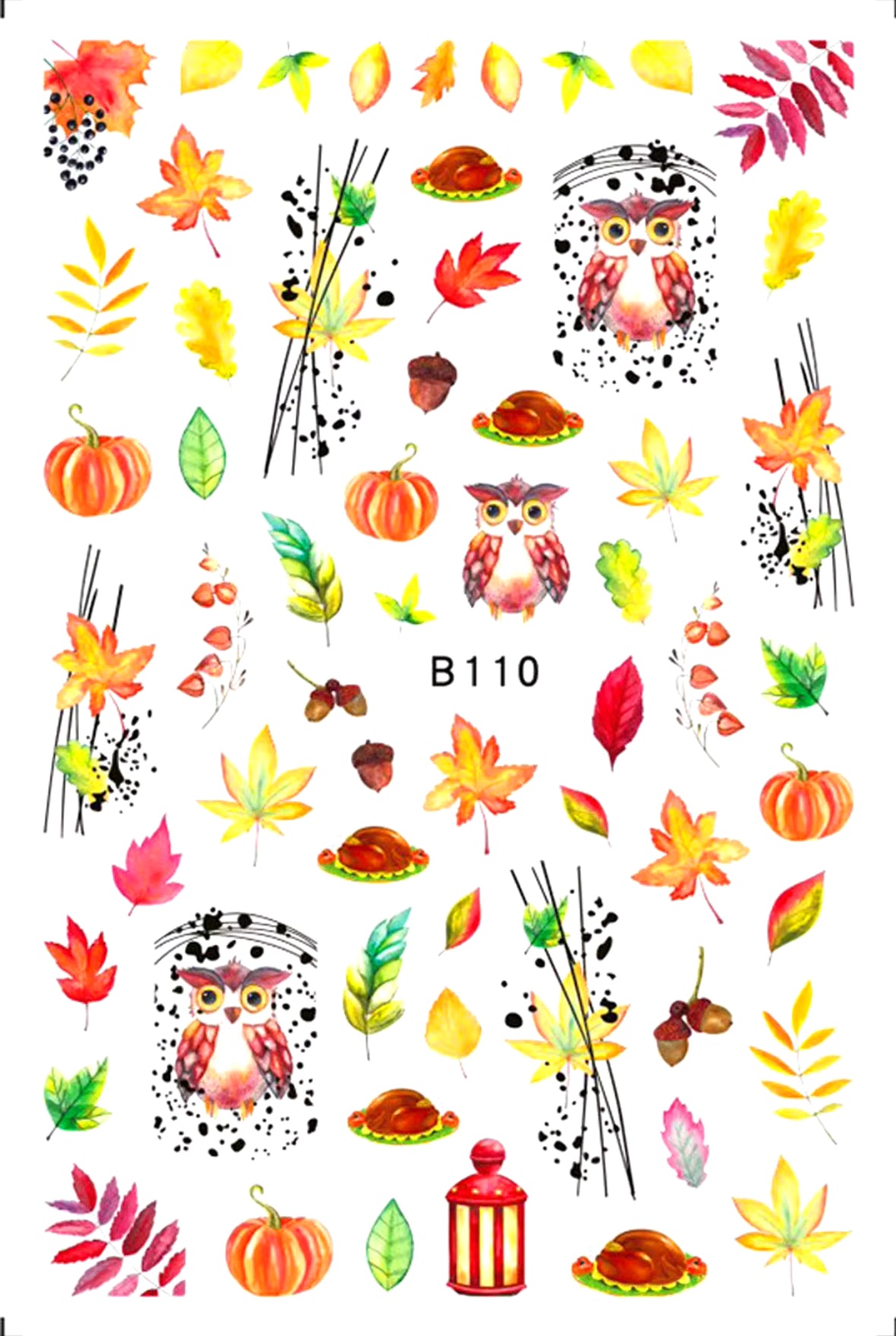 Thanksgiving and Autumn Nail Art Sticker Package – Cute Owls, Pumpkins, Leaves & Festive Fall