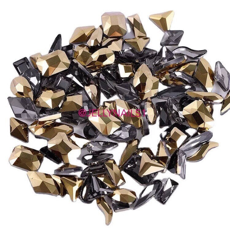 30 pcs Gold Nail Art Rhinestones Mix Shapes 3D Decoration Flat Elongated Glass Stones