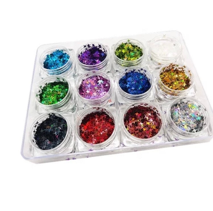4 point star 12 colors in 3g jars 4mm size nail glitter sequins holographic laser cut flakes nail 3D art.