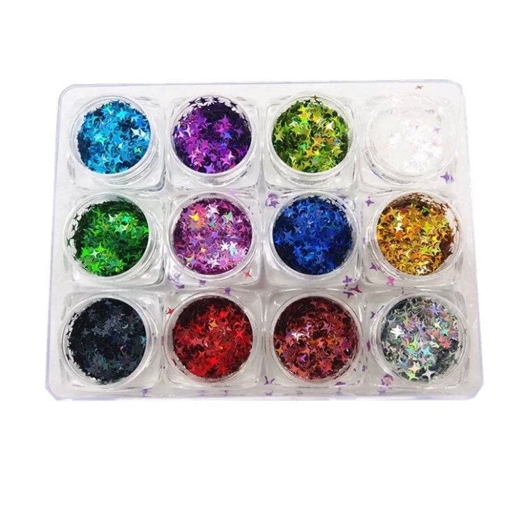 4 point star 12 colors in 3g jars 4mm size nail glitter sequins holographic laser cut flakes nail 3D art.