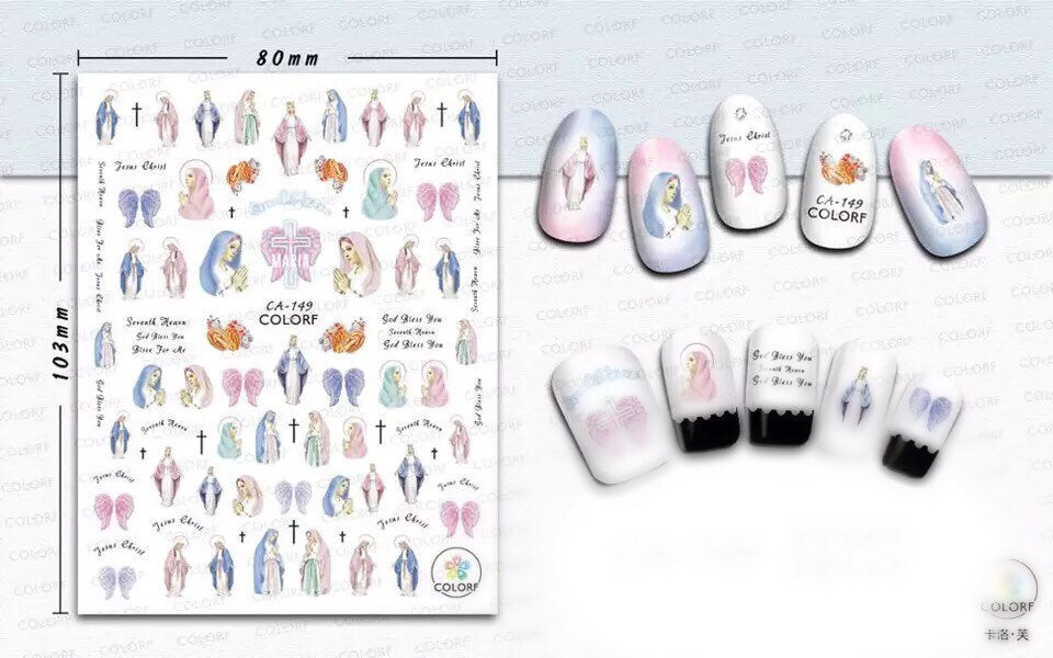 Mother Mary, virgin, Madonna nail decals self adhesive 1 sheet of stickers for trending nail art supplies