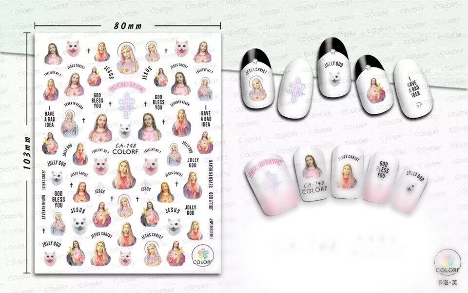 Jesus, Mary & cats  nail decals self adhesive 1 sheet of stickers for trending nail art supplies