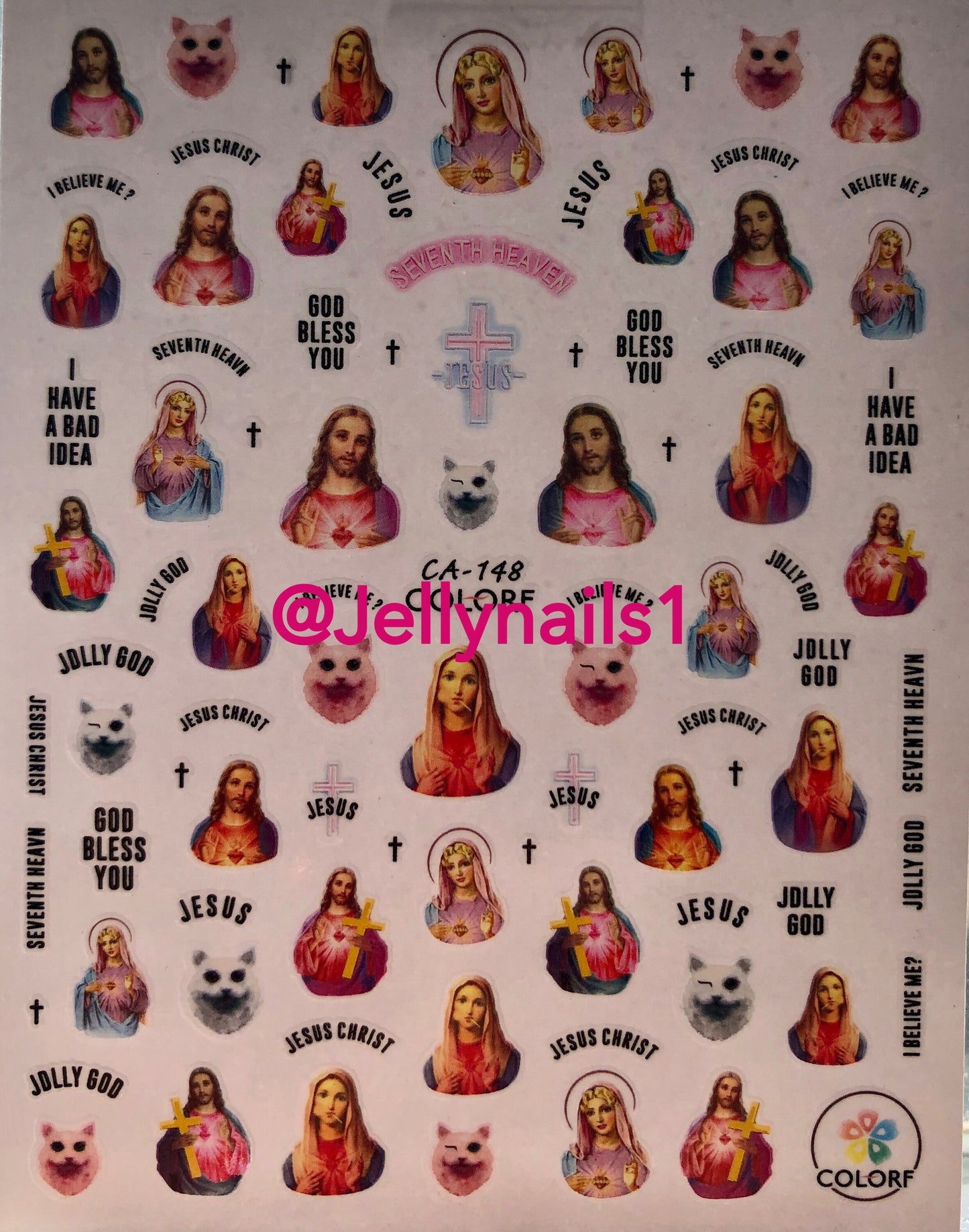 Jesus, Mary & cats  nail decals self adhesive 1 sheet of stickers for trending nail art supplies