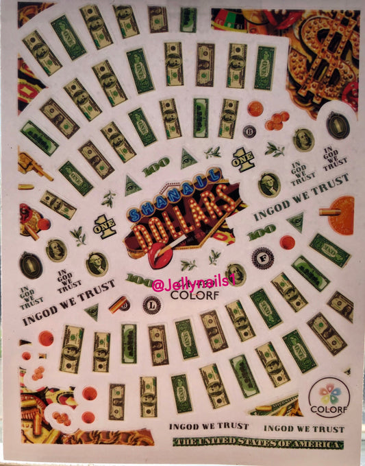 Money dollars nail decals self adhesive 1 sheet of stickers for trending fashion nail art supplies