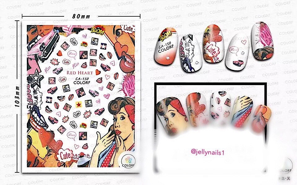 Retro girl pop art nail decals self adhesive 1 sheet of stickers for trending fashion nail art supplies