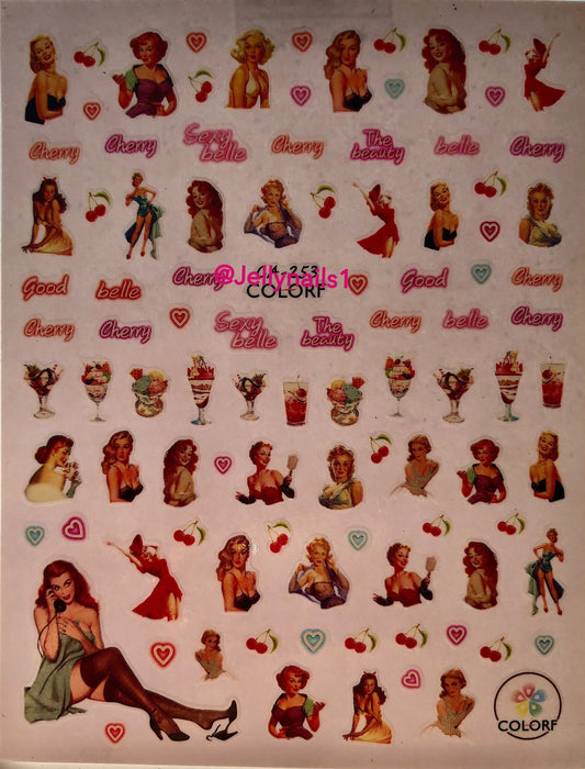 Pinup girls 70’s nail decals self adhesive 1 sheet of stickers for trending fashion nail art supplies