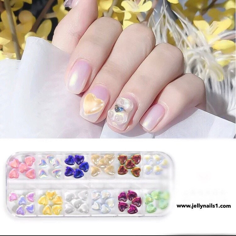 Hearts shapes acrylic aurora pastel colors  nail 3D art.