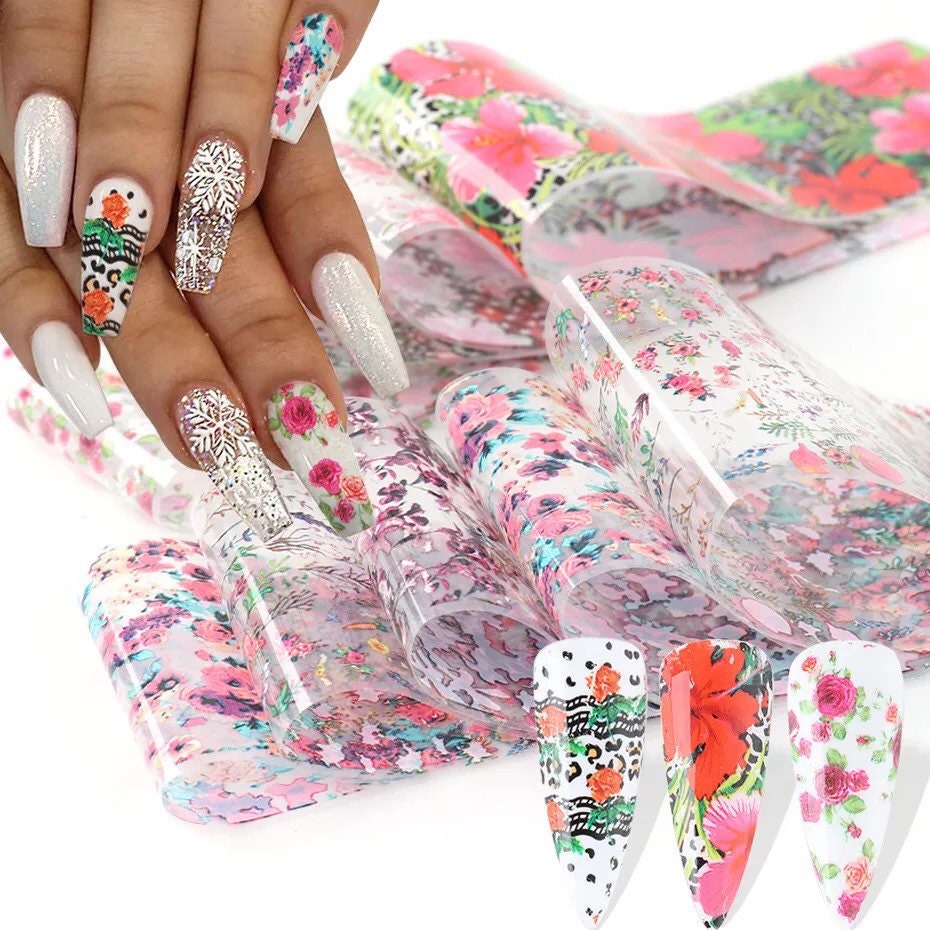 Tropical flowers translucent Designs patterns nail transfer foils decals In a box for trending nail art supplies