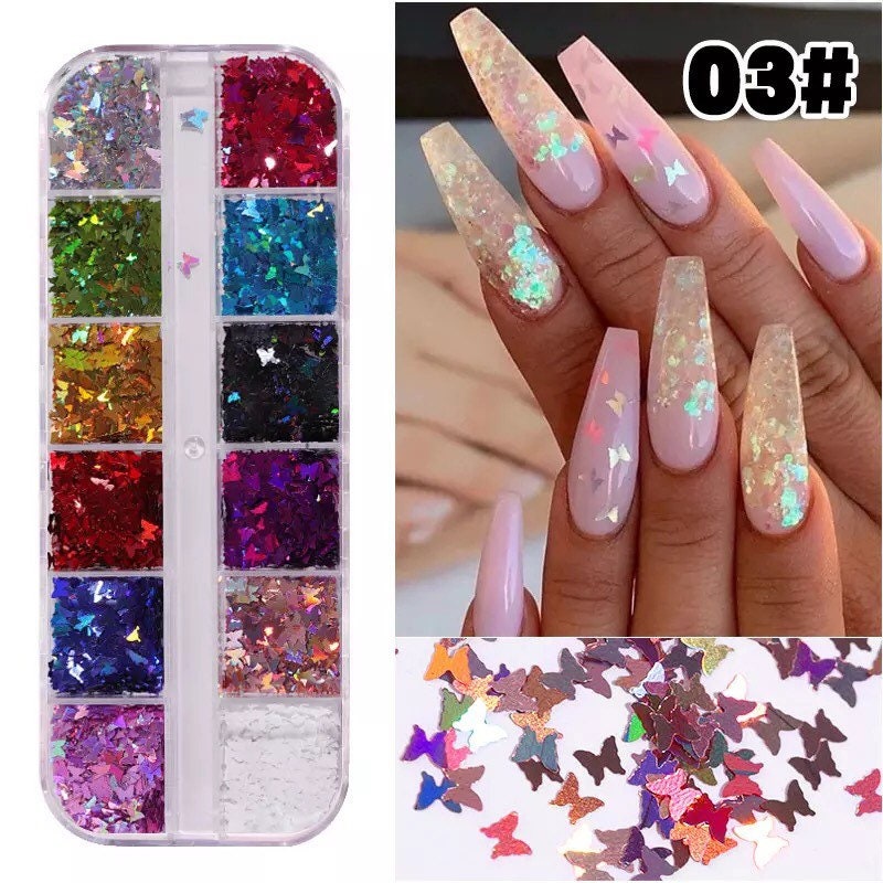 Butterflies shapes nail glitter sequin 12 colors laser cut flakes nail 3D art.