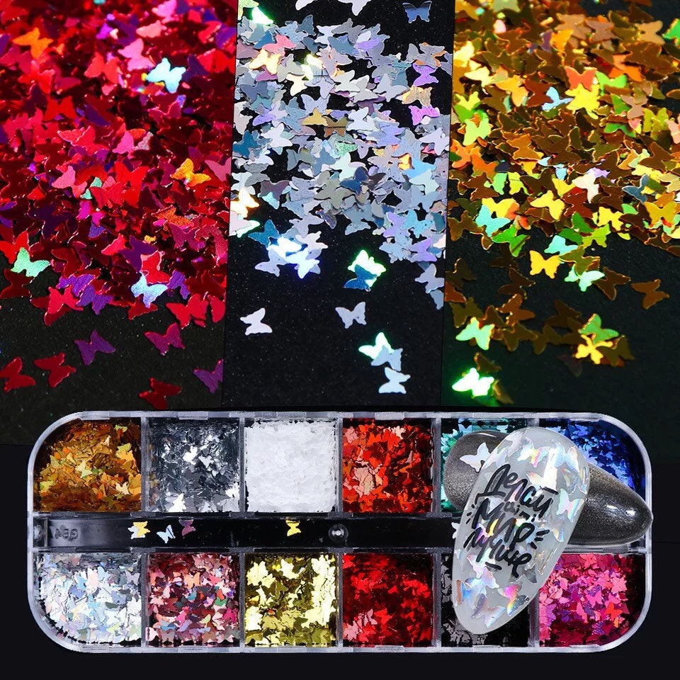 Butterflies shapes nail glitter sequin 12 colors laser cut flakes nail 3D art.