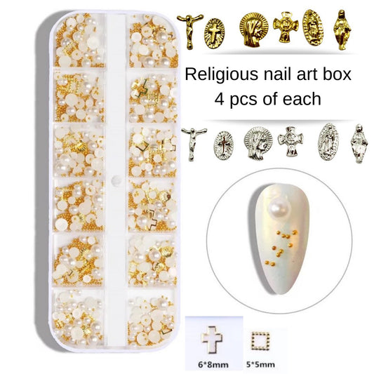 Religious pearls and caviar box  & alloy shapes 3D nail art