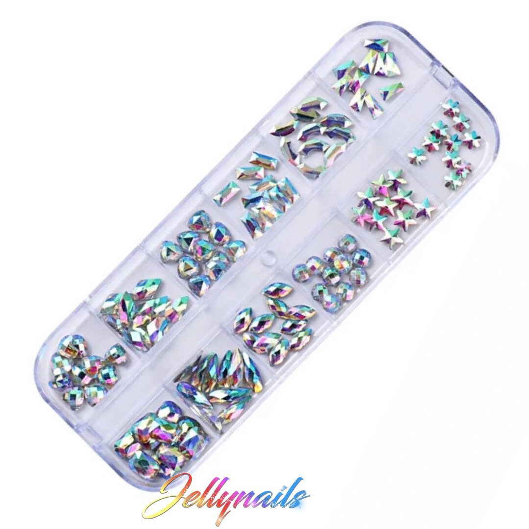 Iridescent color shifting AB crystals in box nail art