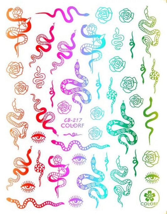 Snakes Roses & Evil eye multi color foil stickers self adhesive 1 sheet nail art supplies