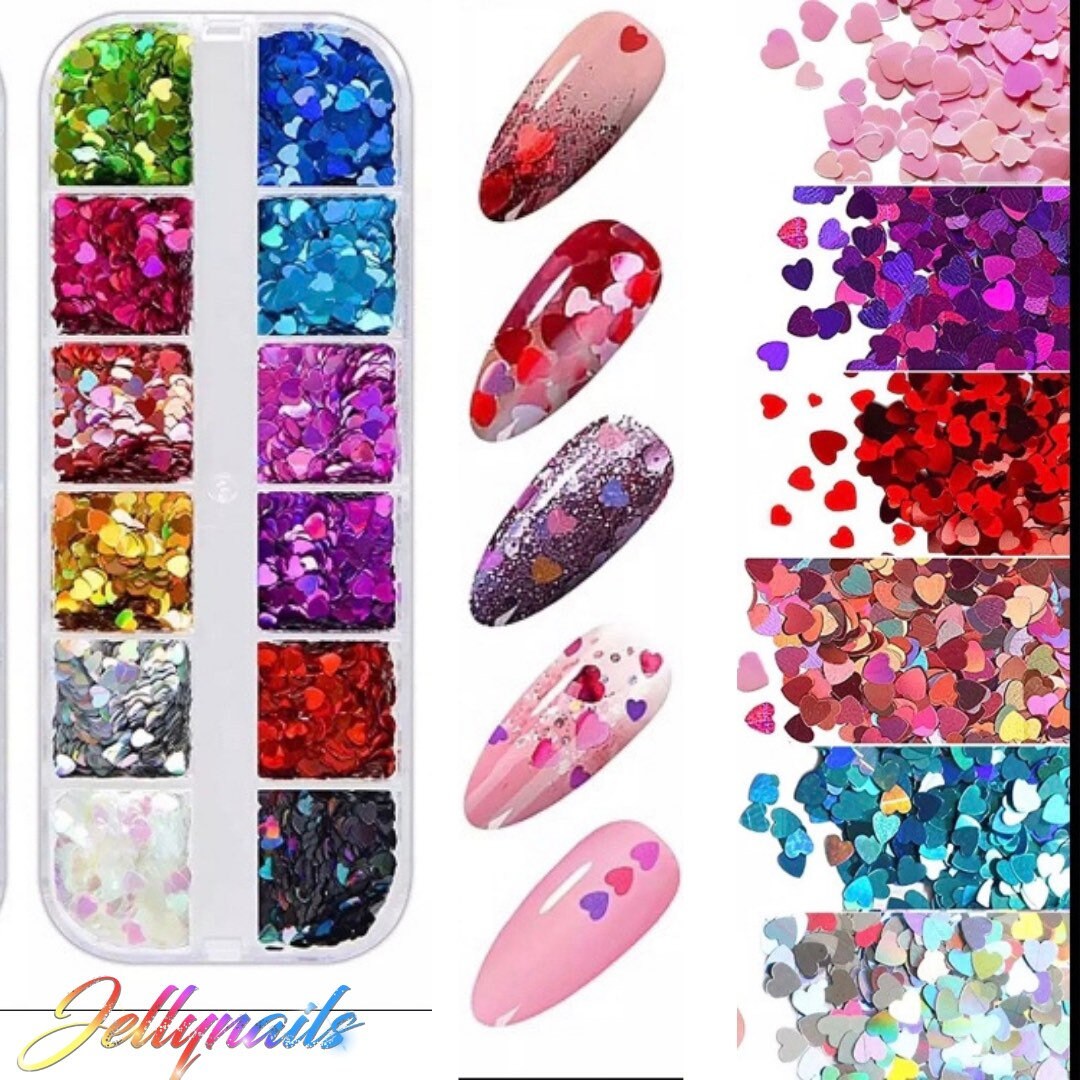 Hearts mixed sizes 12 colors nail glitter sequins laser cut flakes nail 3D art. Valentines nails