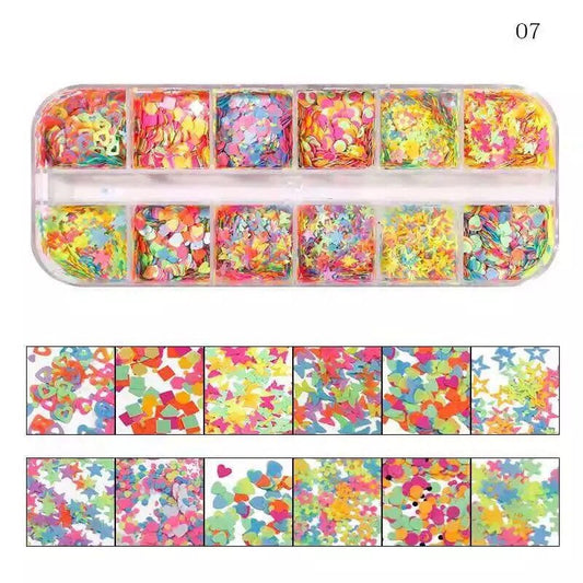 Neon colors mix glitter shapes nail sequins laser cut flakes nail 3D art.