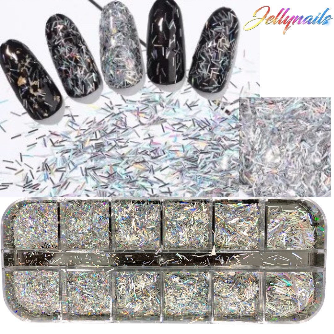 Sliver strips 12 grid nail glitter dust sequins laser cut flakes 3D art.