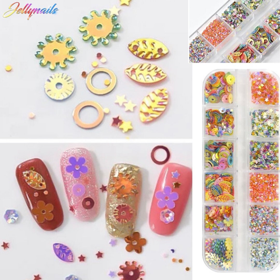 12 colors nail glitter sequins leafs Daisy Blossom stars circles nail art.