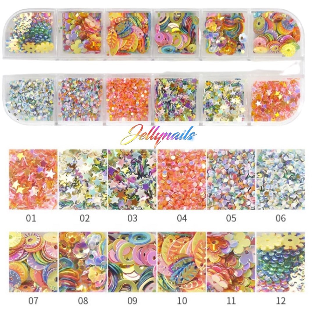 12 colors nail glitter sequins leafs Daisy Blossom stars circles nail art.