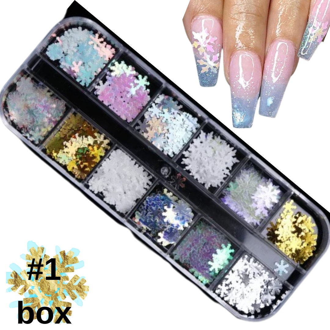 Winter Snowflakes White Iridescent Blue Opal glitter sequins Xmas box ENCAPSULATED nail 3D art