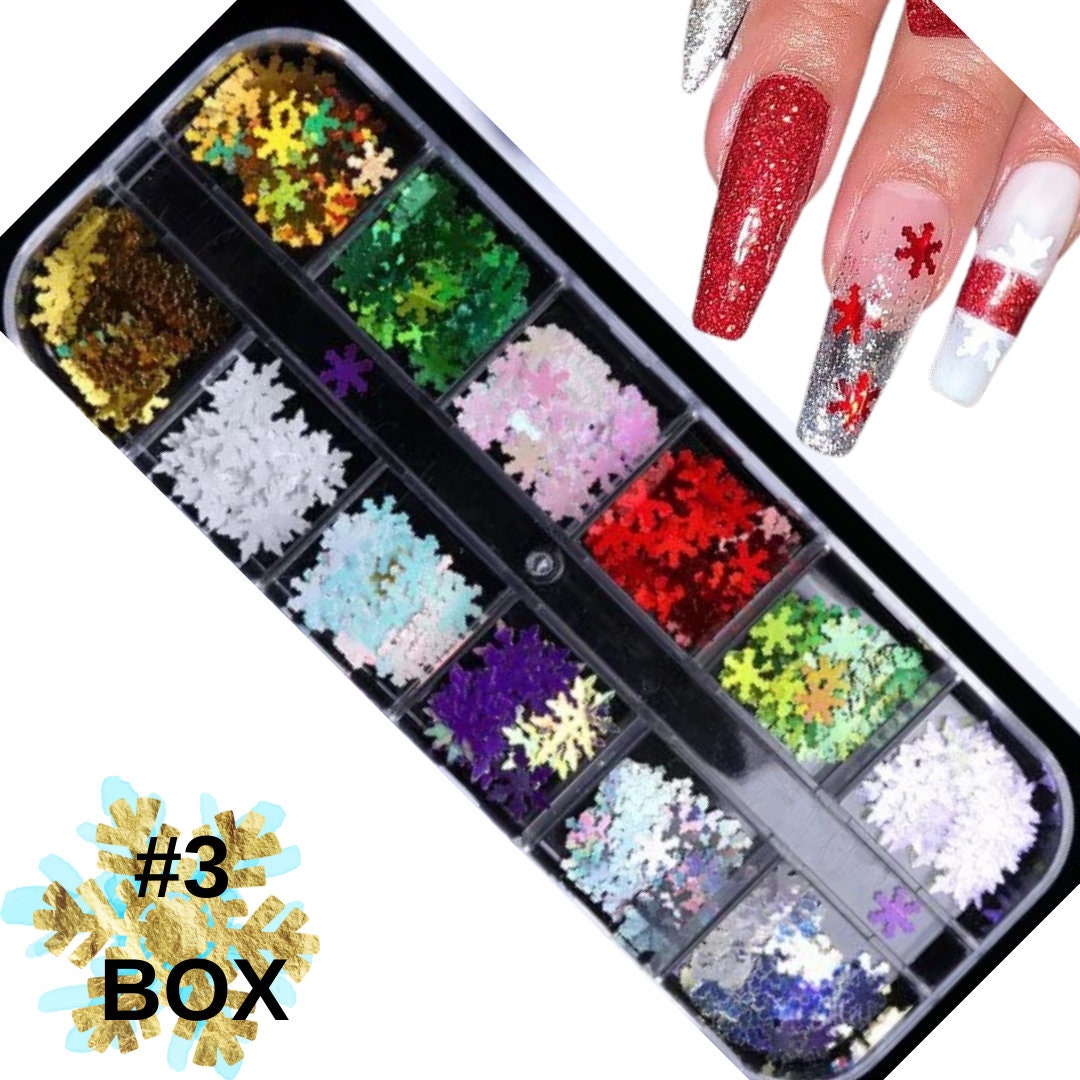 Winter Snowflakes White Iridescent Blue Opal glitter sequins Xmas box ENCAPSULATED nail 3D art