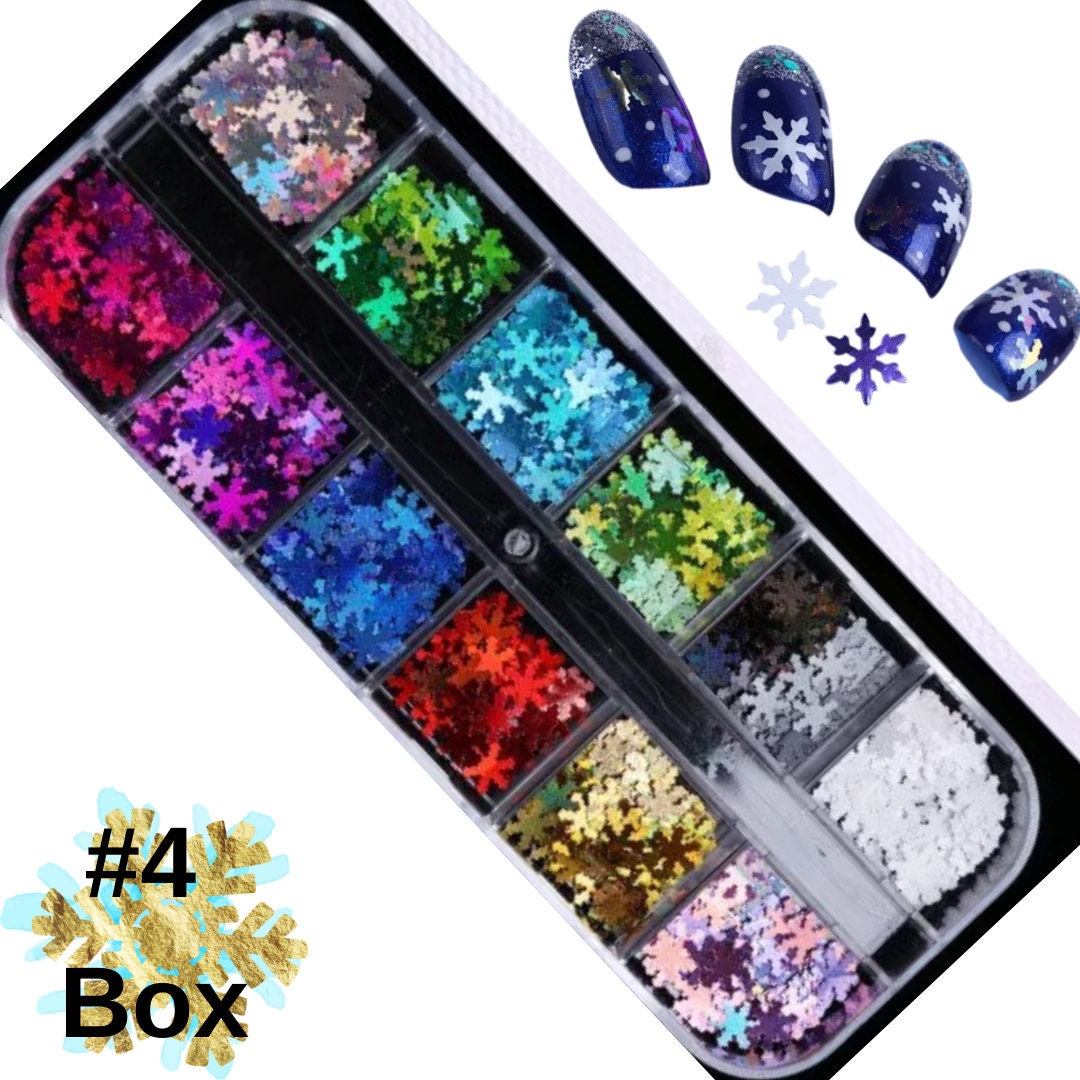 Winter Snowflakes White Iridescent Blue Opal glitter sequins Xmas box ENCAPSULATED nail 3D art