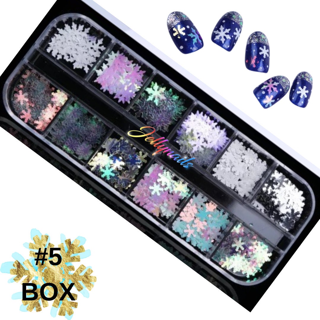 Winter Snowflakes White Iridescent Blue Opal glitter sequins Xmas box ENCAPSULATED nail 3D art