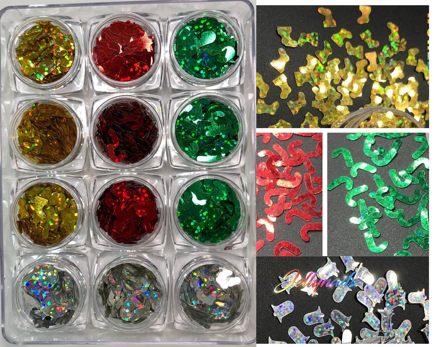 Glitter sequins Xmas box ENCAPSULATED nail 3D art Candy cane, Stockings, Jingle Bells