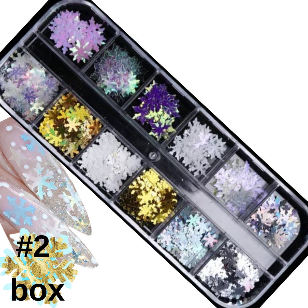 Winter Snowflakes White Iridescent Blue Opal glitter sequins Xmas box ENCAPSULATED nail 3D art