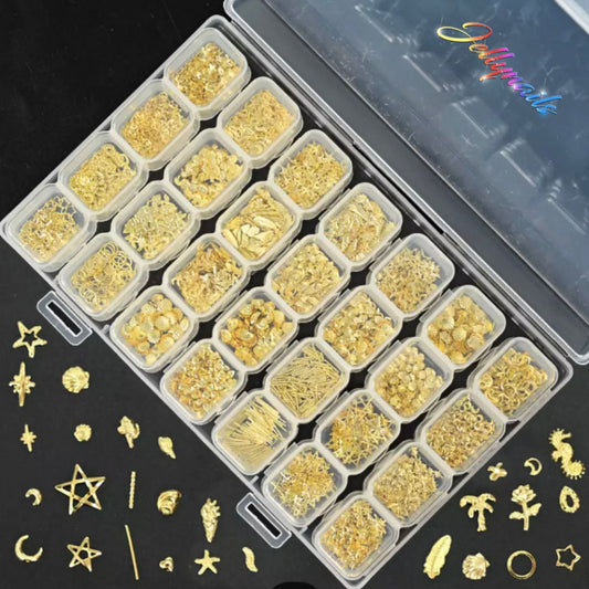 Gold Alloys thin metal Studs decals charms in 28 Shapes in box nail art charms