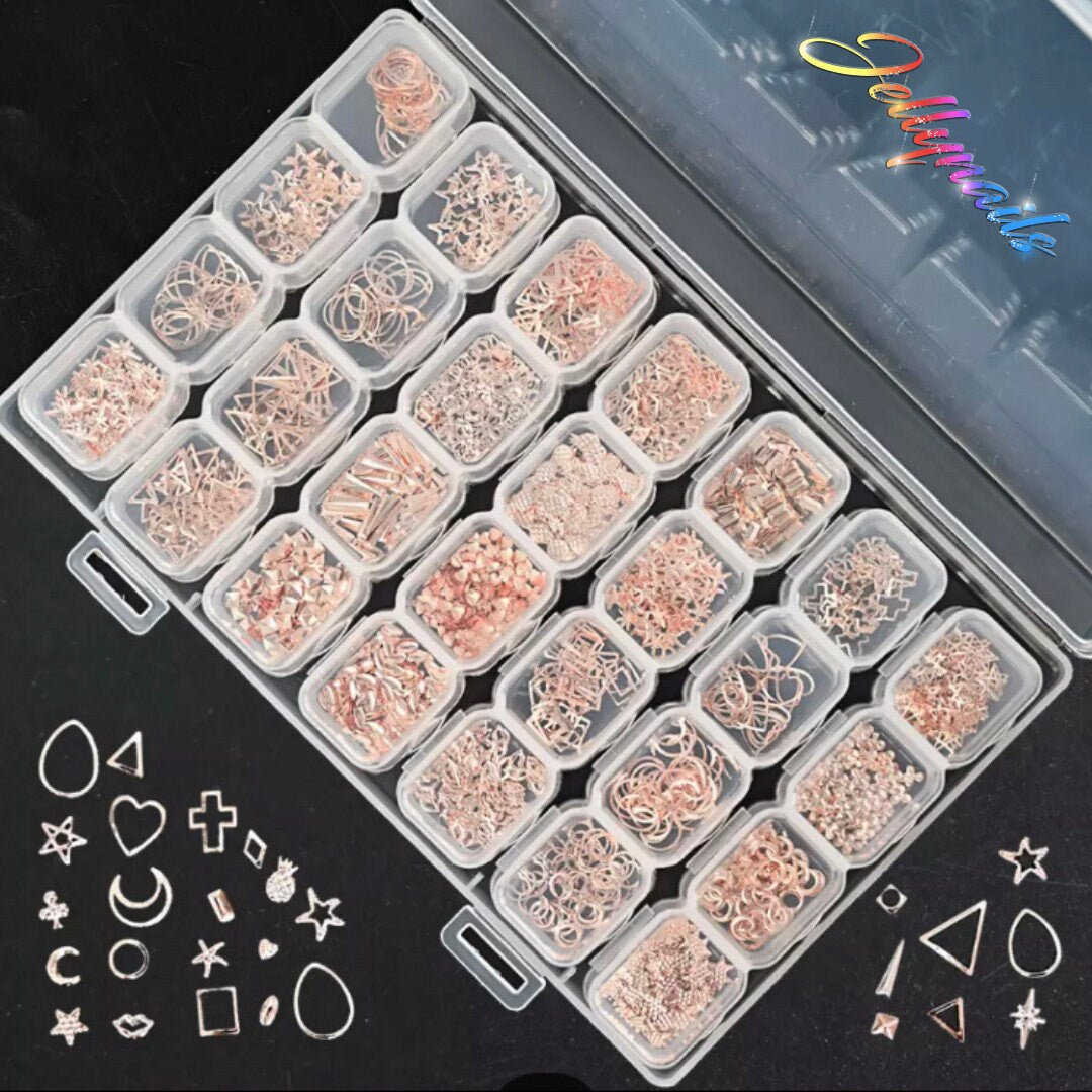 Rose Gold Alloys thin metal Studs decals charms in 28 Shapes in box nail art charms