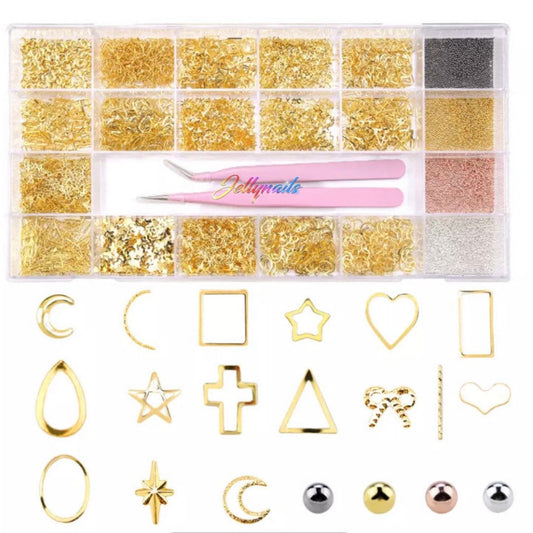 Gold Alloys thin metal Studs decals charms Shapes & caviar beads in box nail art charms