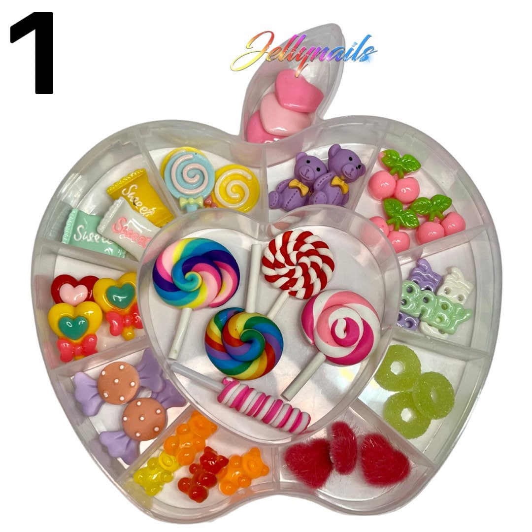 Kawaii Mix  #1 sample box assortment charms 3D nail art Candy, Bear, hearts magnetic