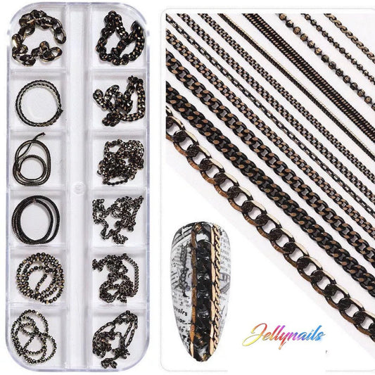 Black / Gold color nail art chains  12 colors in box 3D Decoration charms