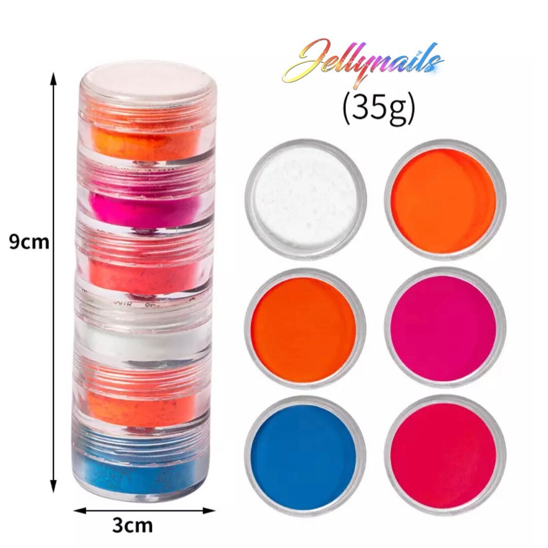 6 fluorescent, Matte Neon Pigments powders colors mix nail art.