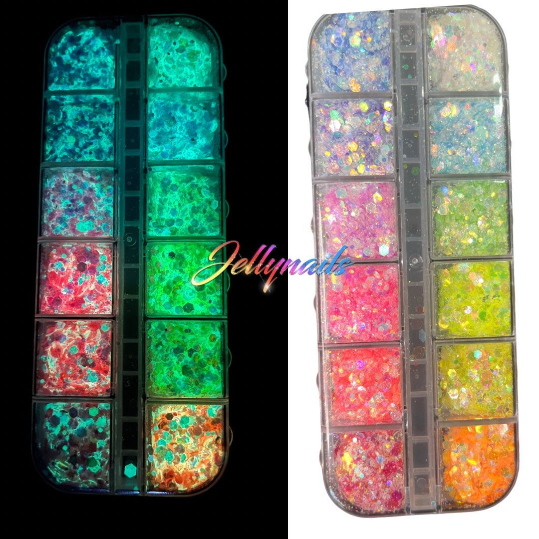 Luminous Hexagon glow in the dark glitter 12 different colors in a box nail art