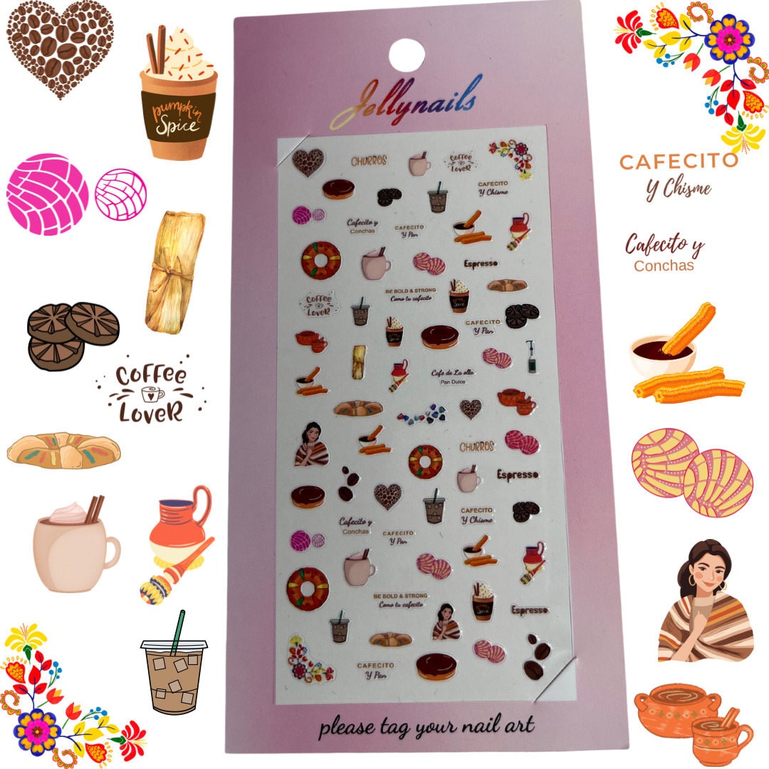 Cafecito Con Pan,  Cafe, Drinks, Mexican Coffee, Expresso, Churros self adhesive 1 sheet of stickers for nail art supplies